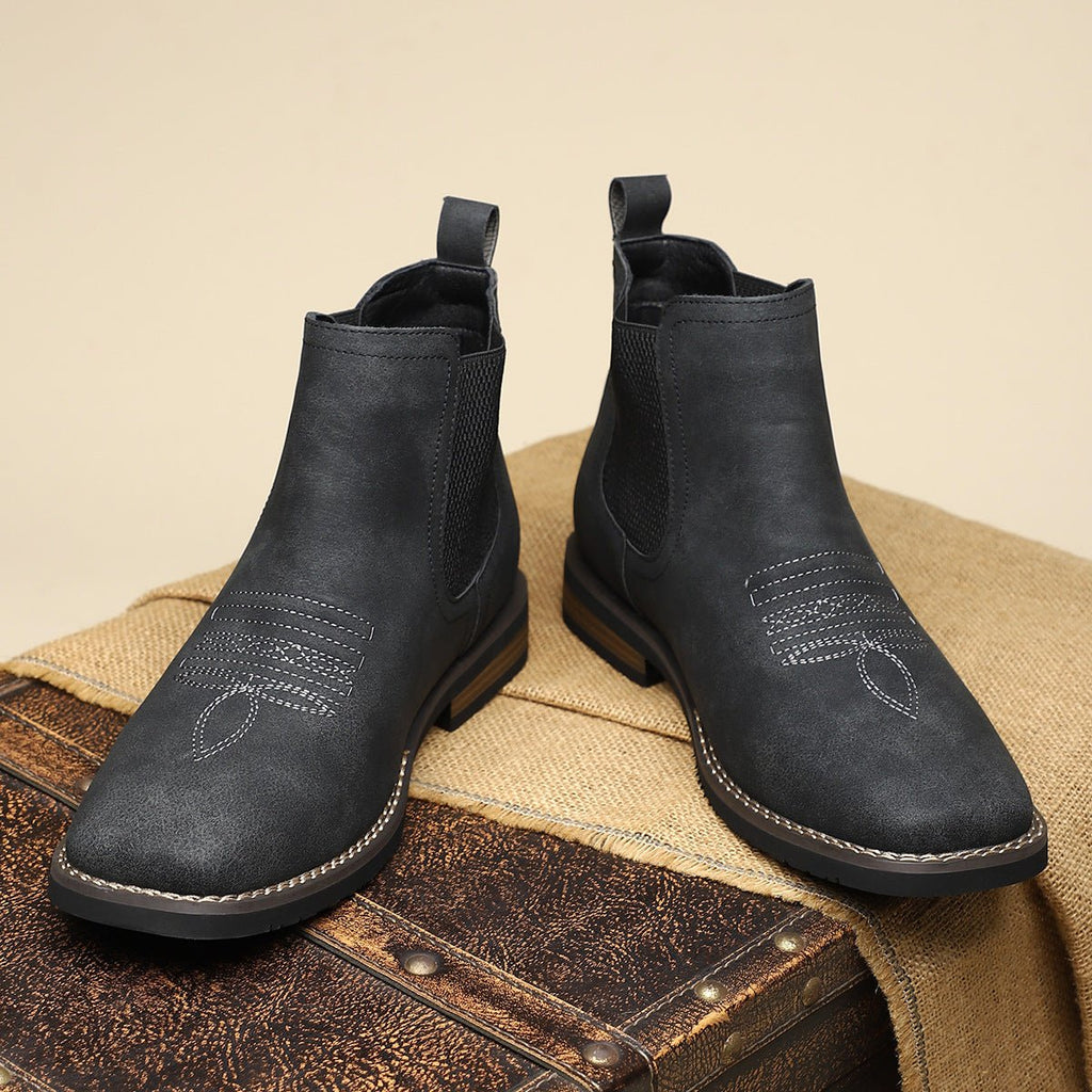 Men's Slip-On Chelsea Boots Square-Toe Western-Stitch Ankle Boot - Midnight