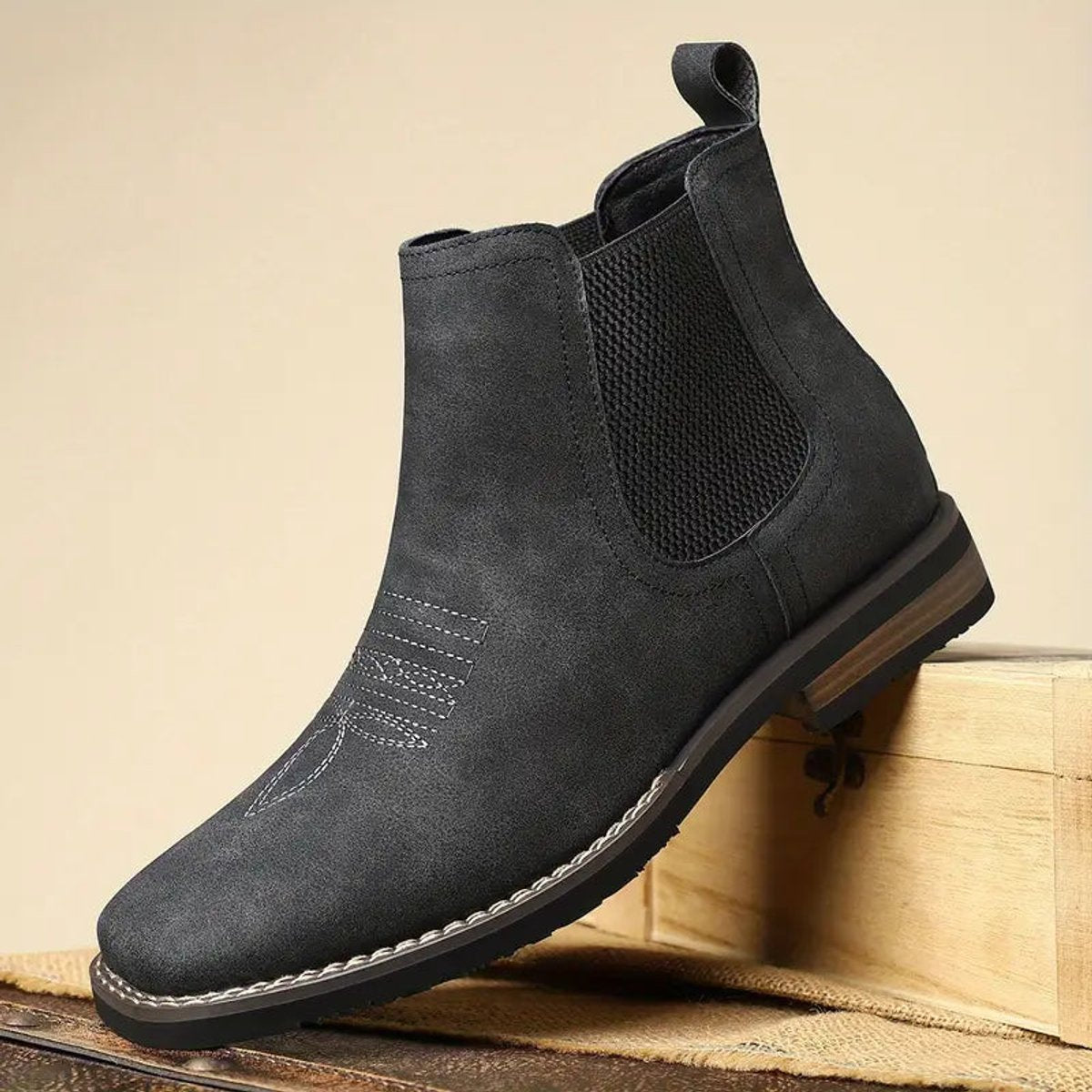 Men's Slip-On Chelsea Boots Square-Toe Western-Stitch Ankle Boot