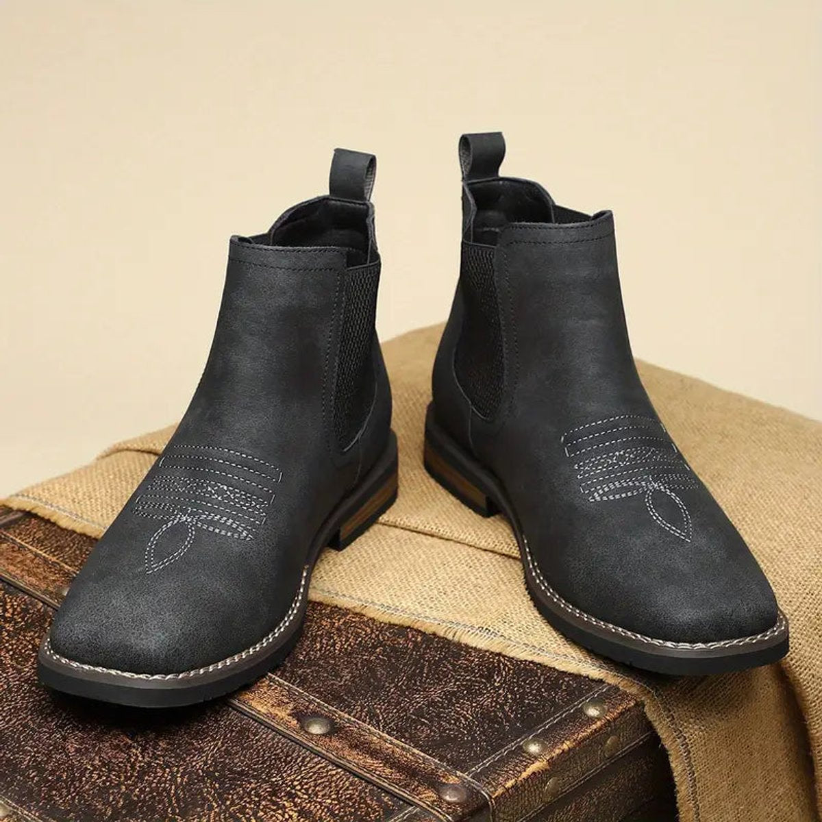 Men's Slip-On Chelsea Boots Square-Toe Western-Stitch Ankle Boot