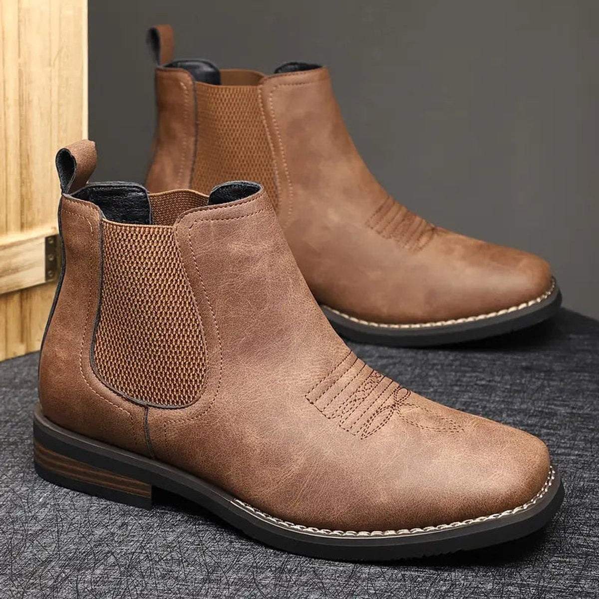 Men's Slip-On Chelsea Boots Square-Toe Western-Stitch Ankle Boot