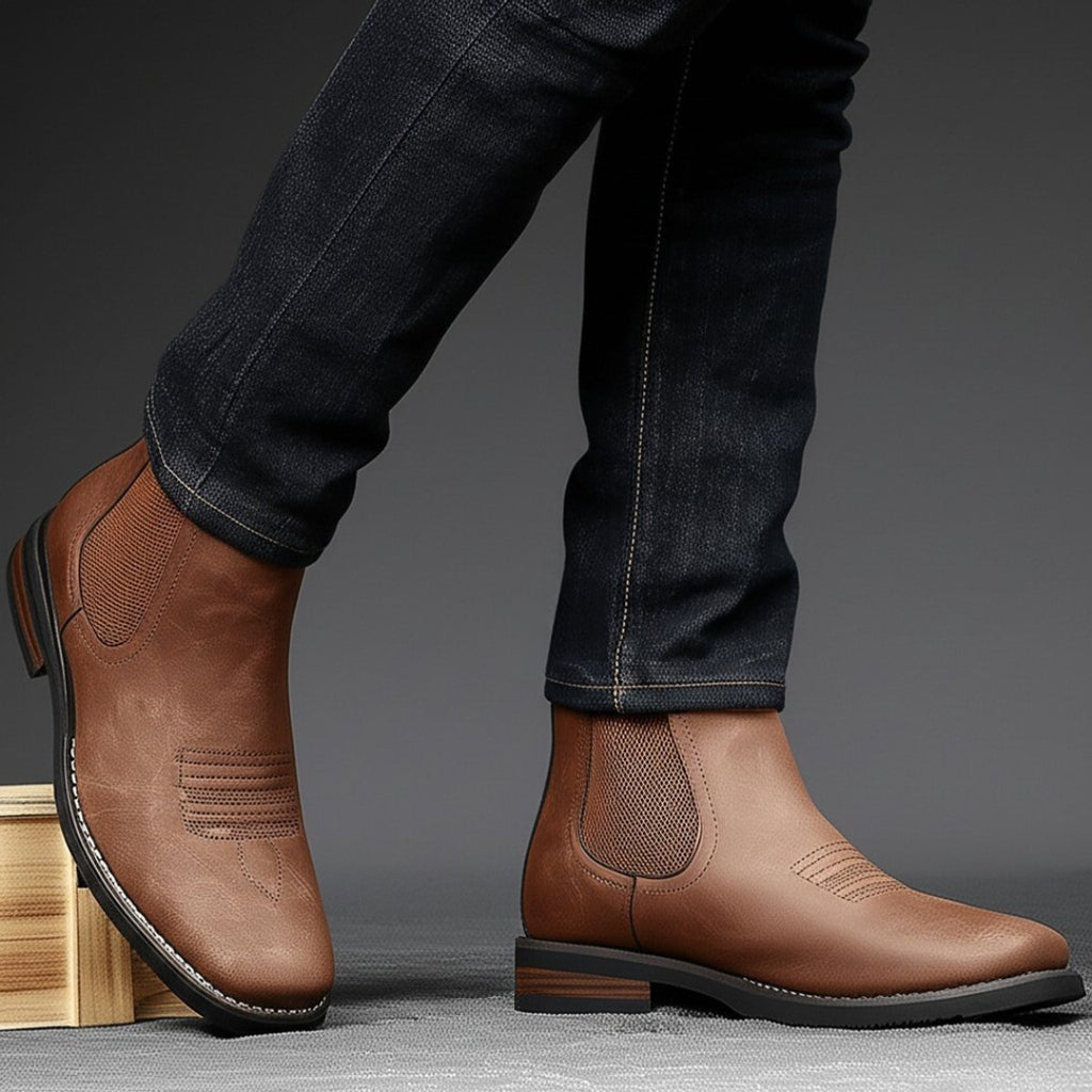 Men's Slip-On Chelsea Boots Square-Toe Western-Stitch Ankle Boot