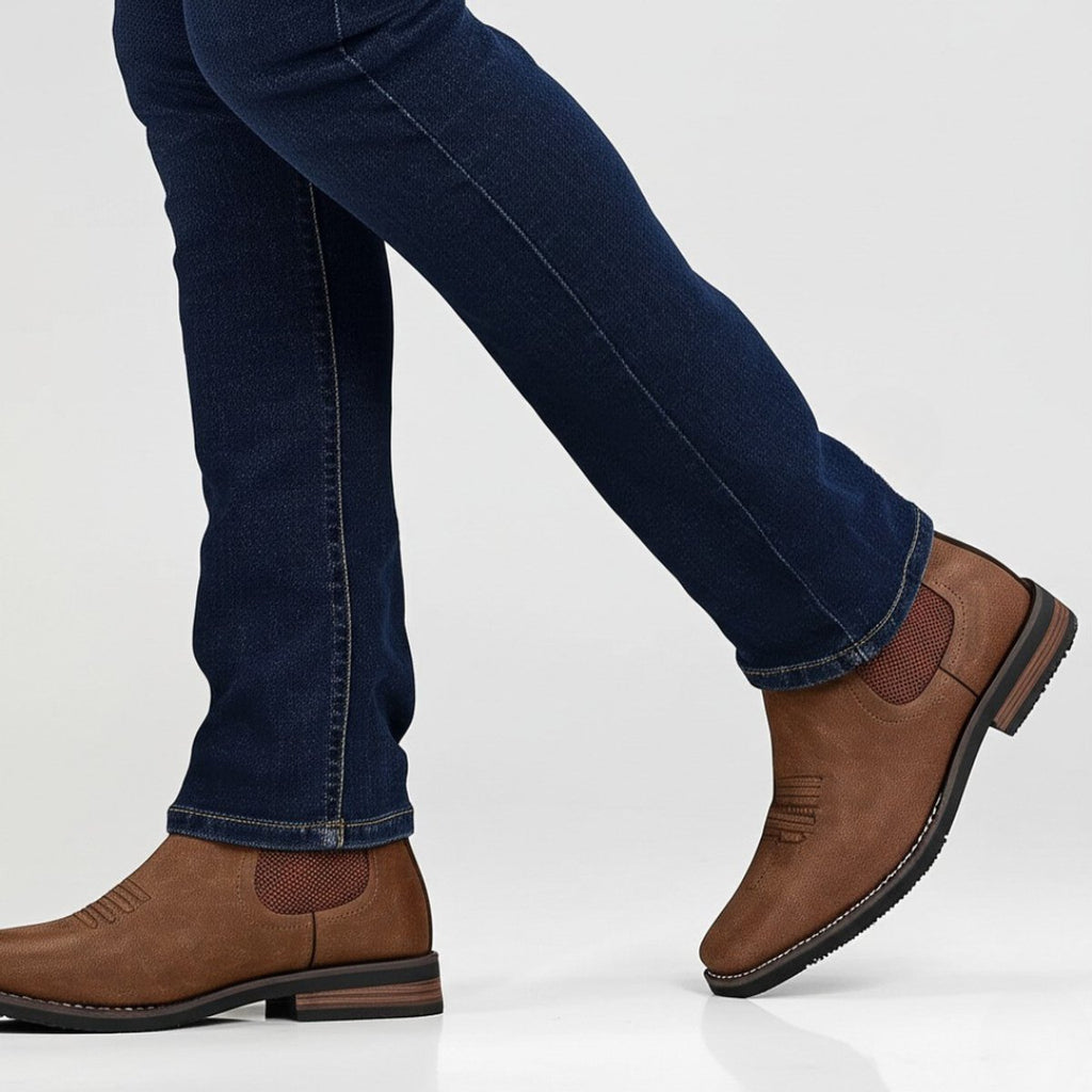 Men's Slip-On Chelsea Boots Square-Toe Western-Stitch Ankle Boot