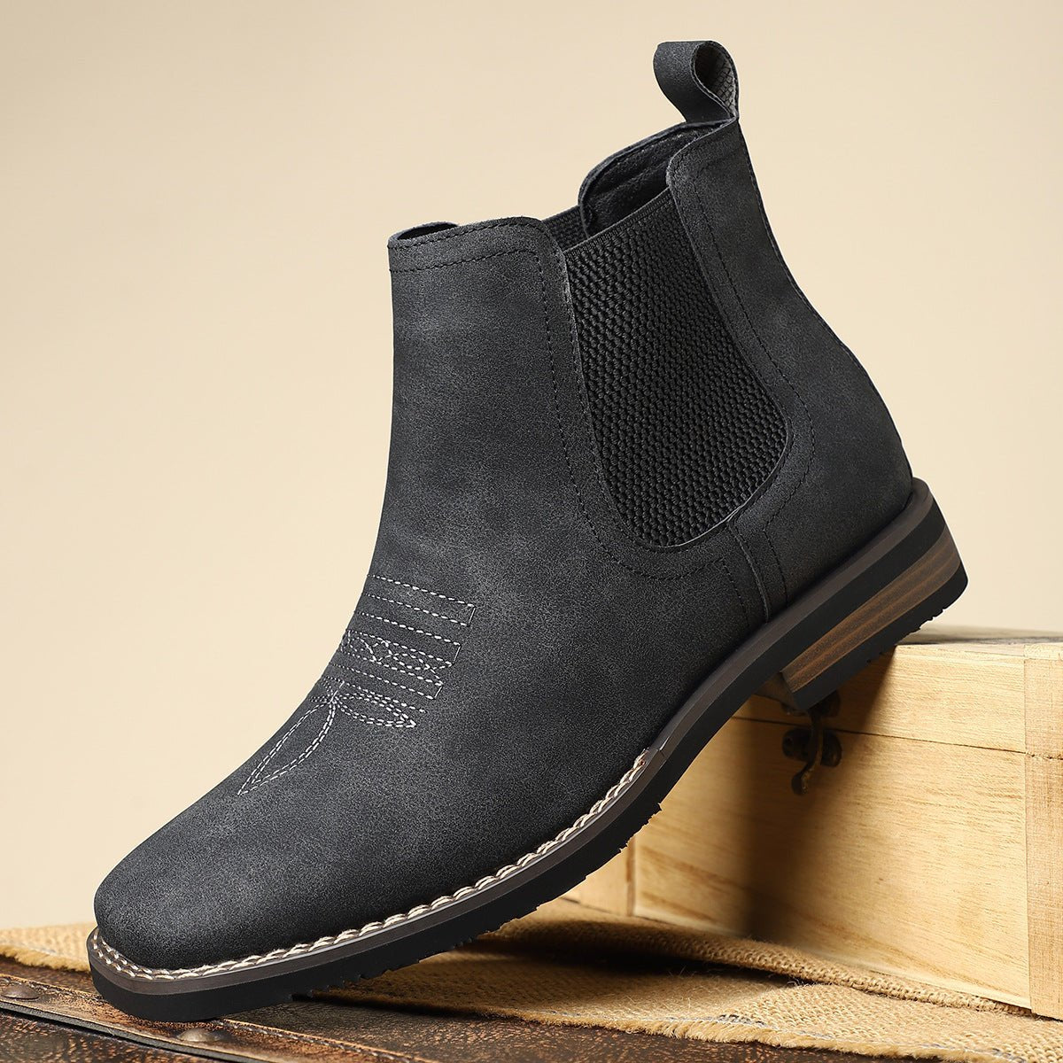 Men's Slip-On Chelsea Boots Square-Toe Western-Stitch Ankle Boot