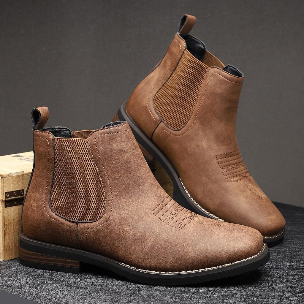 Men's Slip-On Chelsea Boots Square-Toe Western-Stitch Ankle Boot - Chestnut Brown