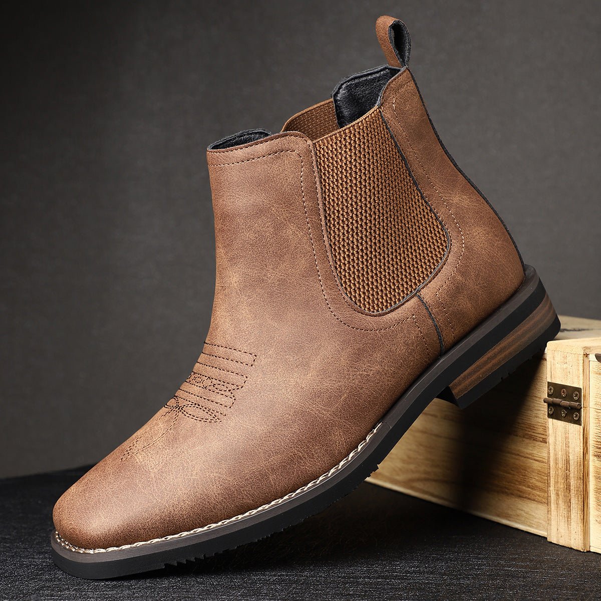Men's Slip-On Chelsea Boots Square-Toe Western-Stitch Ankle Boot