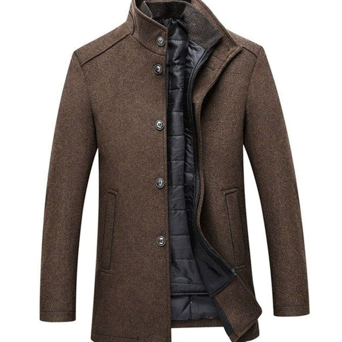 Men's Stand Collar Insulated Button-Up Winter Jacket - Camel