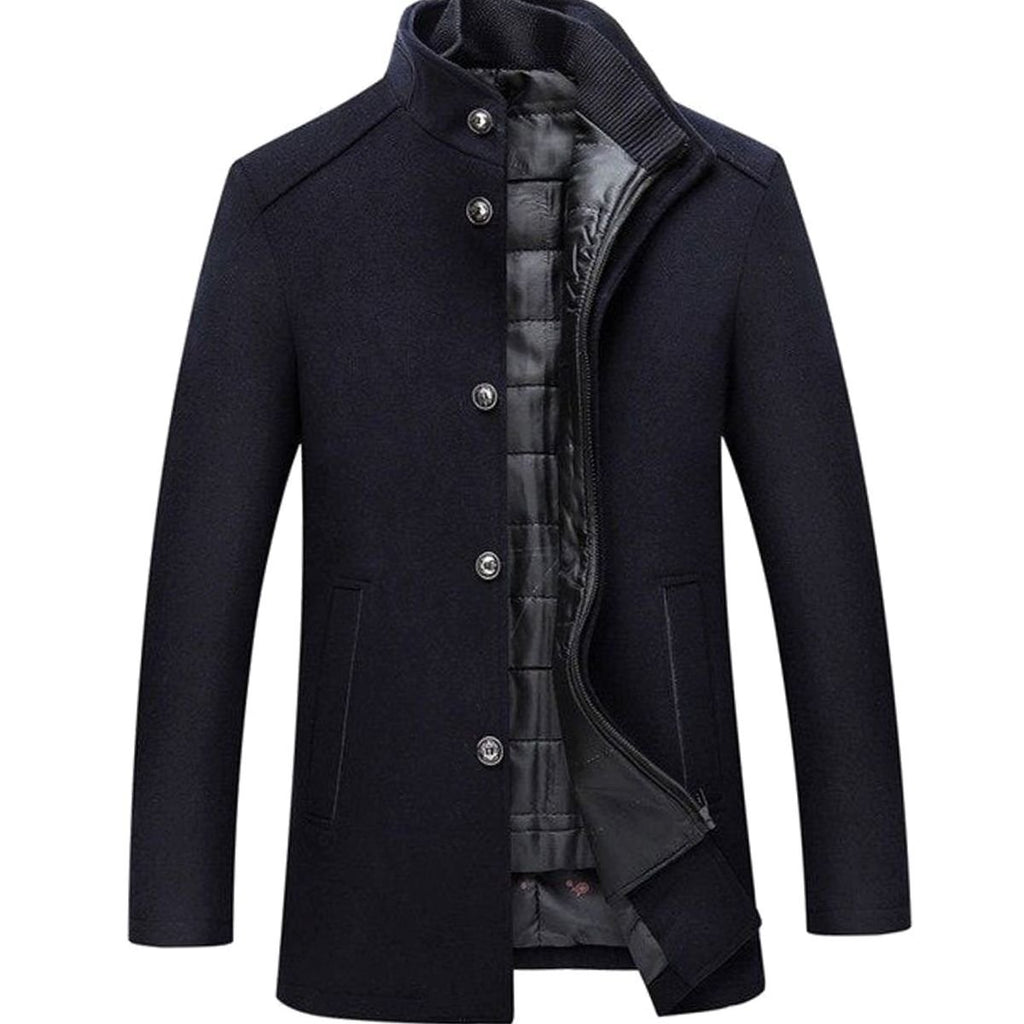 Men's Stand Collar Insulated Button-Up Winter Jacket - Navy Blue