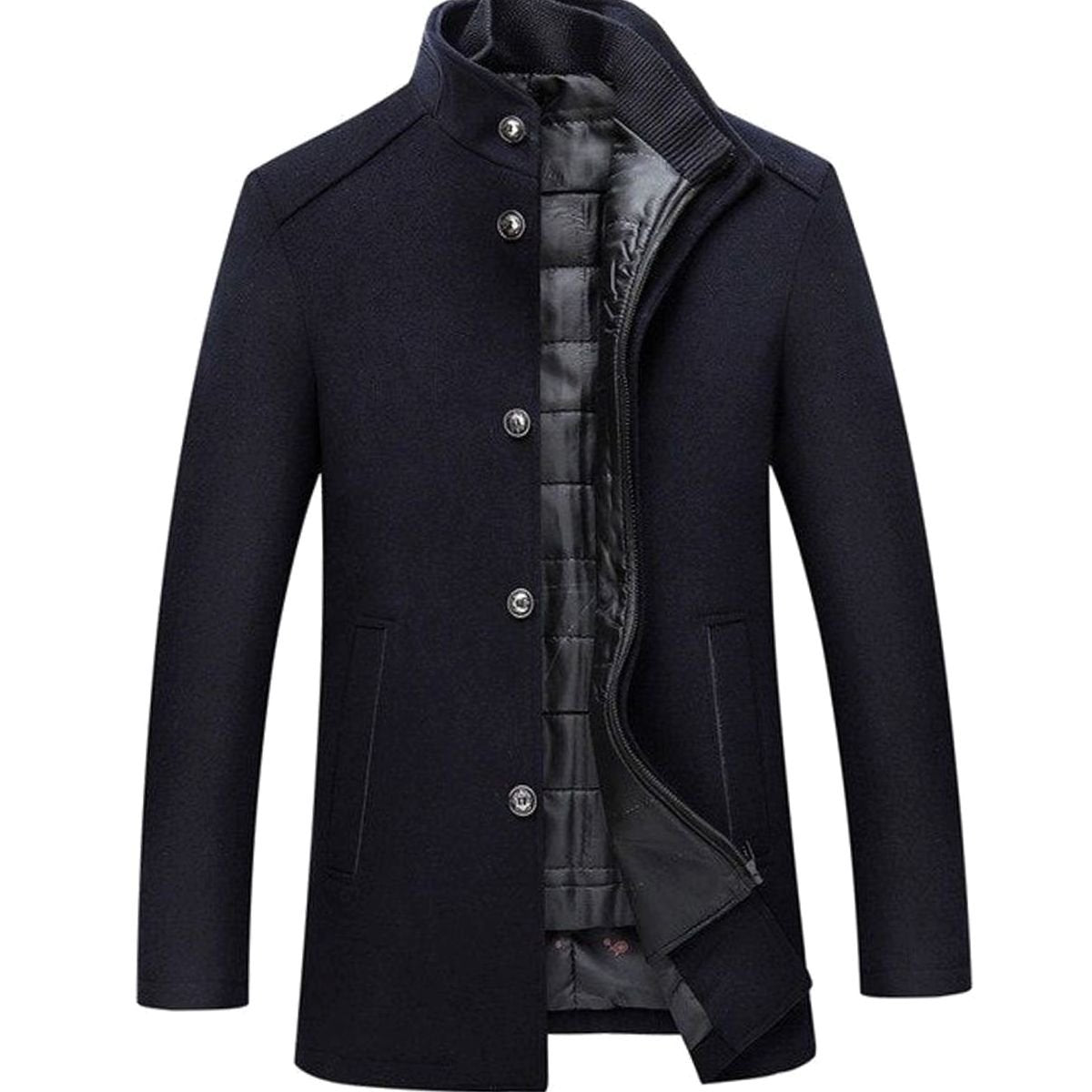 Men's Stand Collar Insulated Button-Up Winter Jacket - Navy Blue