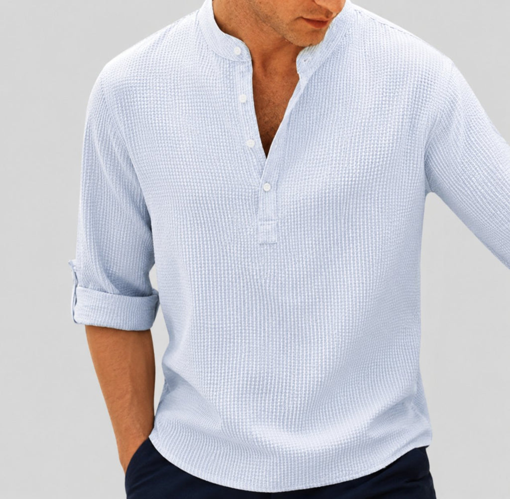 Men's Striped Linen Stand-Collar Long-Sleeve Henley Shirt - Blau