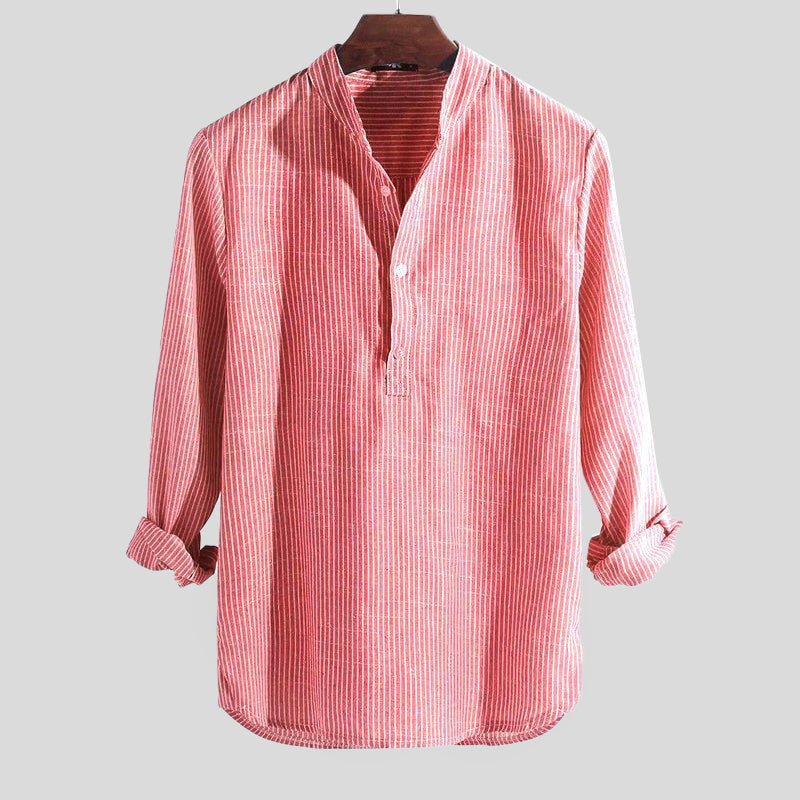 Men's Striped Linen Stand-Collar Long-Sleeve Henley Shirt - Rot