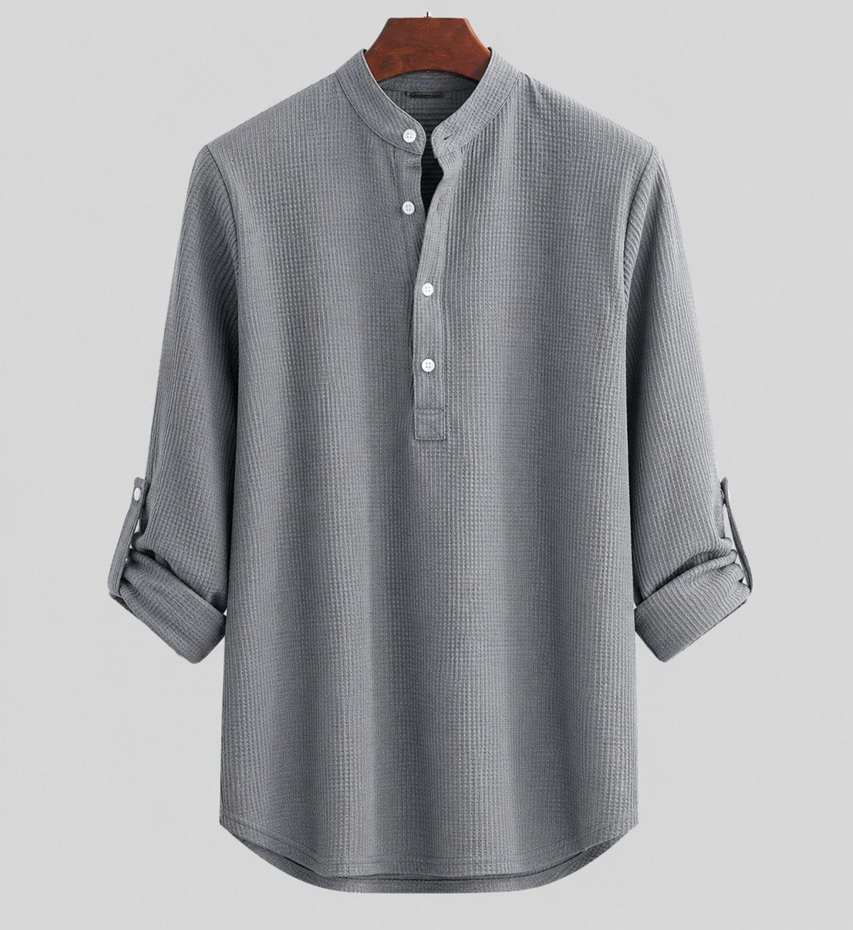 Men's Striped Linen Stand-Collar Long-Sleeve Henley Shirt - Schwarz