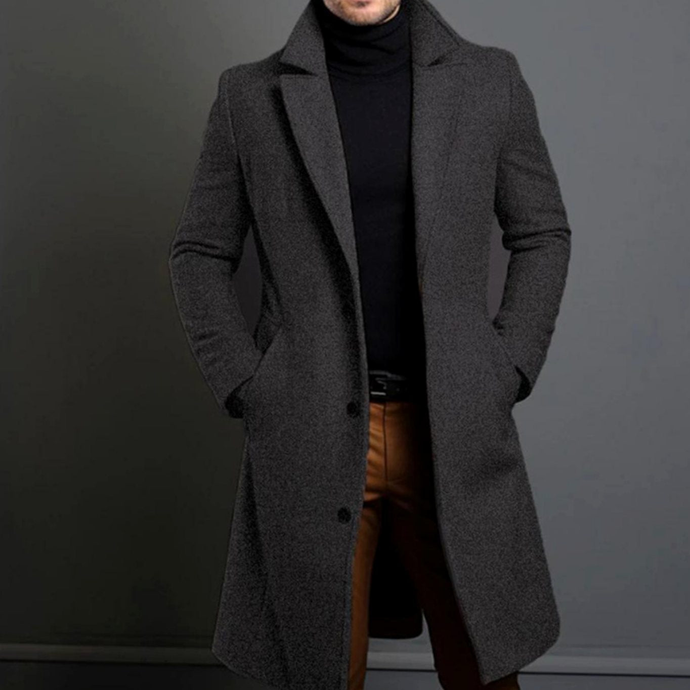 Men's Tailored Lapel Long Overcoat Single-Breasted Wool-Blend - Grey
