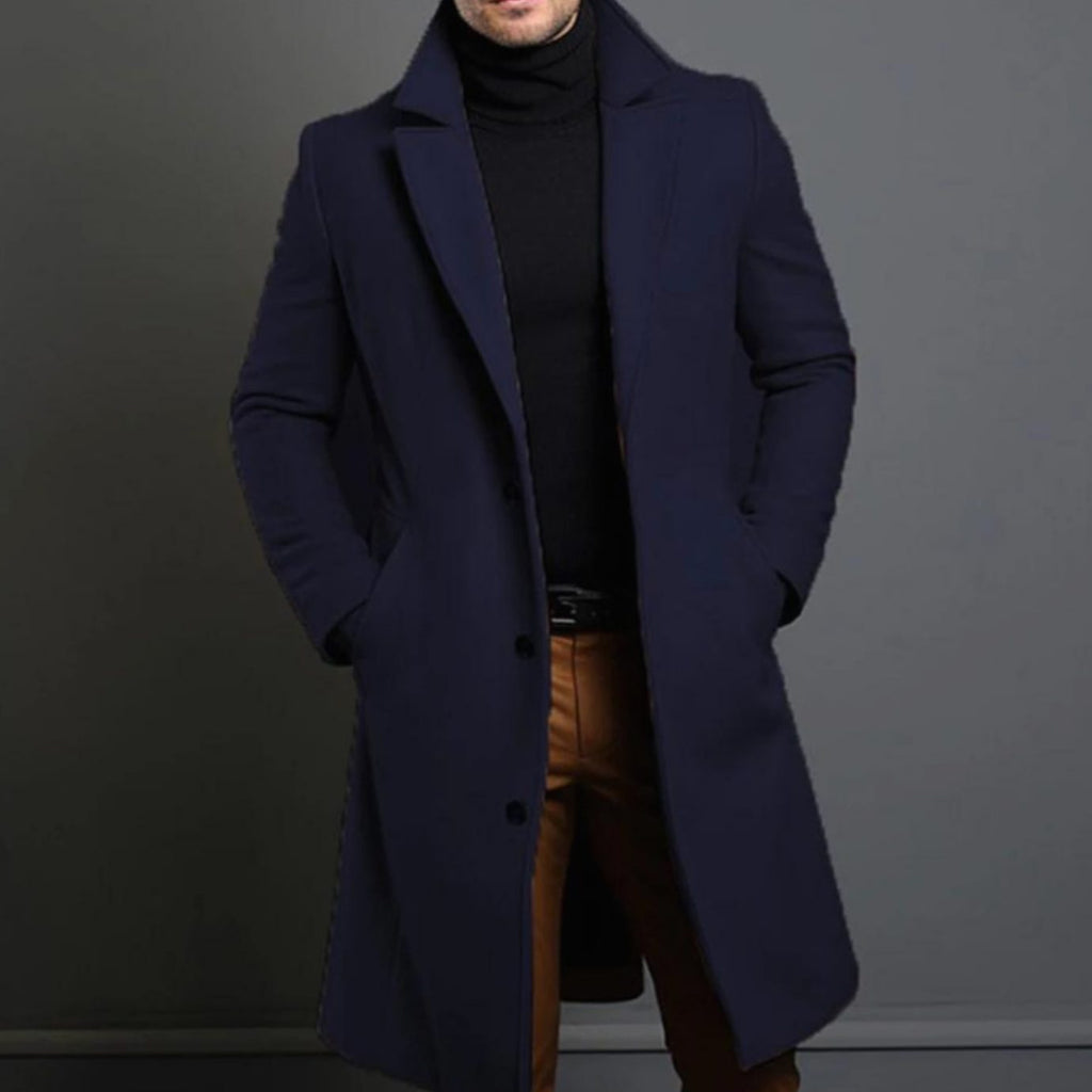 Men's Tailored Lapel Long Overcoat Single-Breasted Wool-Blend - Blue