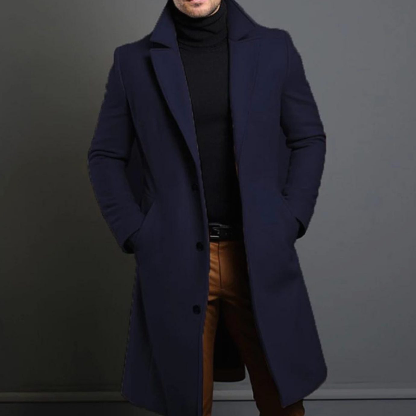 Men's Tailored Lapel Long Overcoat Single-Breasted Wool-Blend - Blue