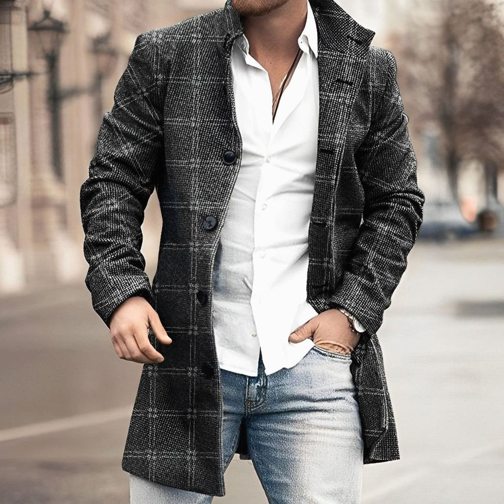 Men's Tailored Long Button-Up Coat Houndstooth Overcoat - Black