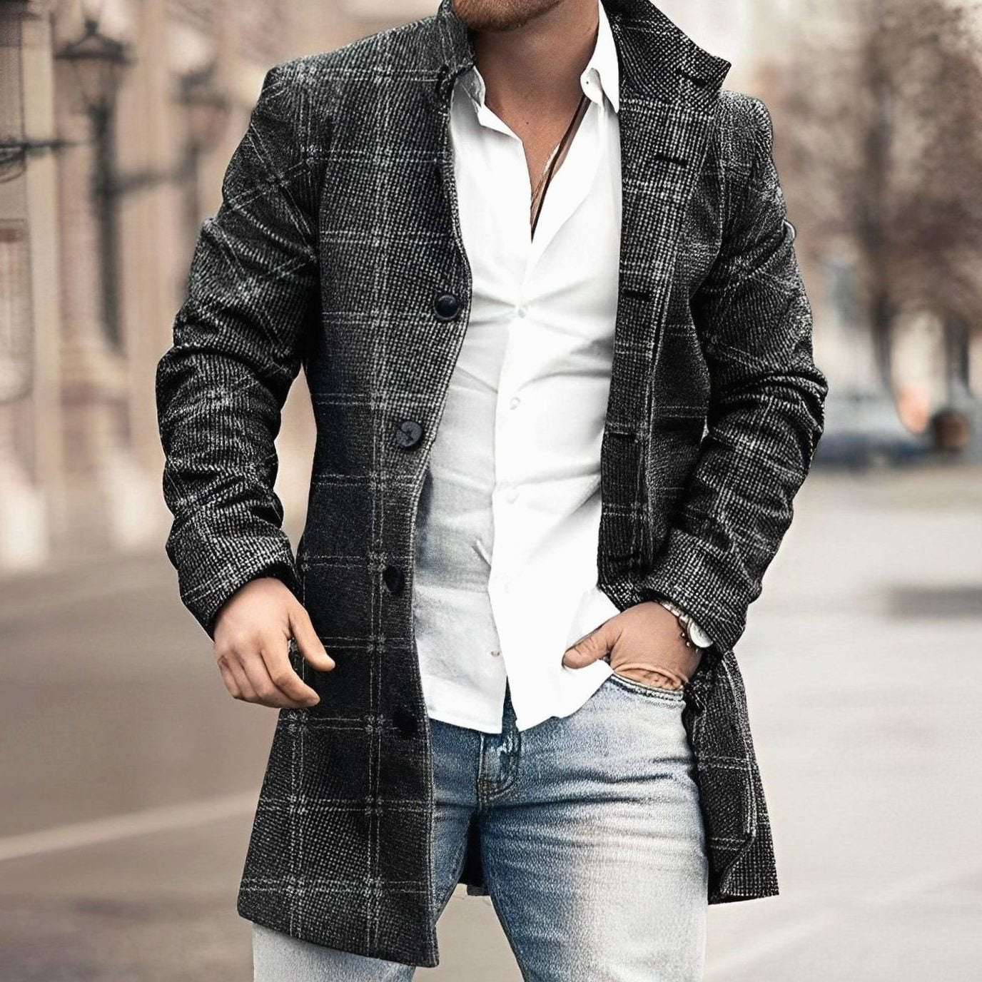 Men's Tailored Long Button-Up Coat Houndstooth Overcoat - Black