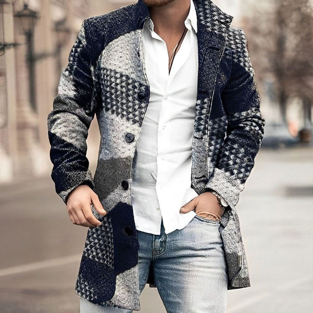 Men's Tailored Long Button-Up Coat Houndstooth Overcoat - Dark Blue