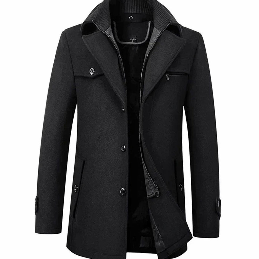 Men's Tailored Long Wool-Blend Button Overcoat - Black