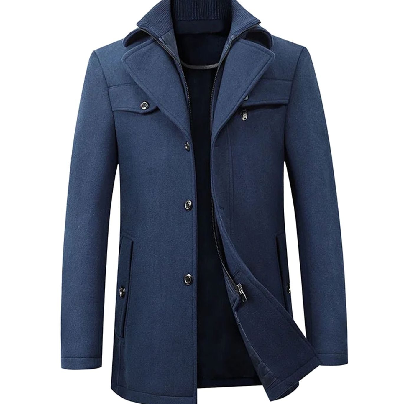 Men's Tailored Long Wool-Blend Button Overcoat - Navy Blue