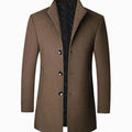 Men's Tailored Single-Breasted Long Overcoat Stand Collar - Brown
