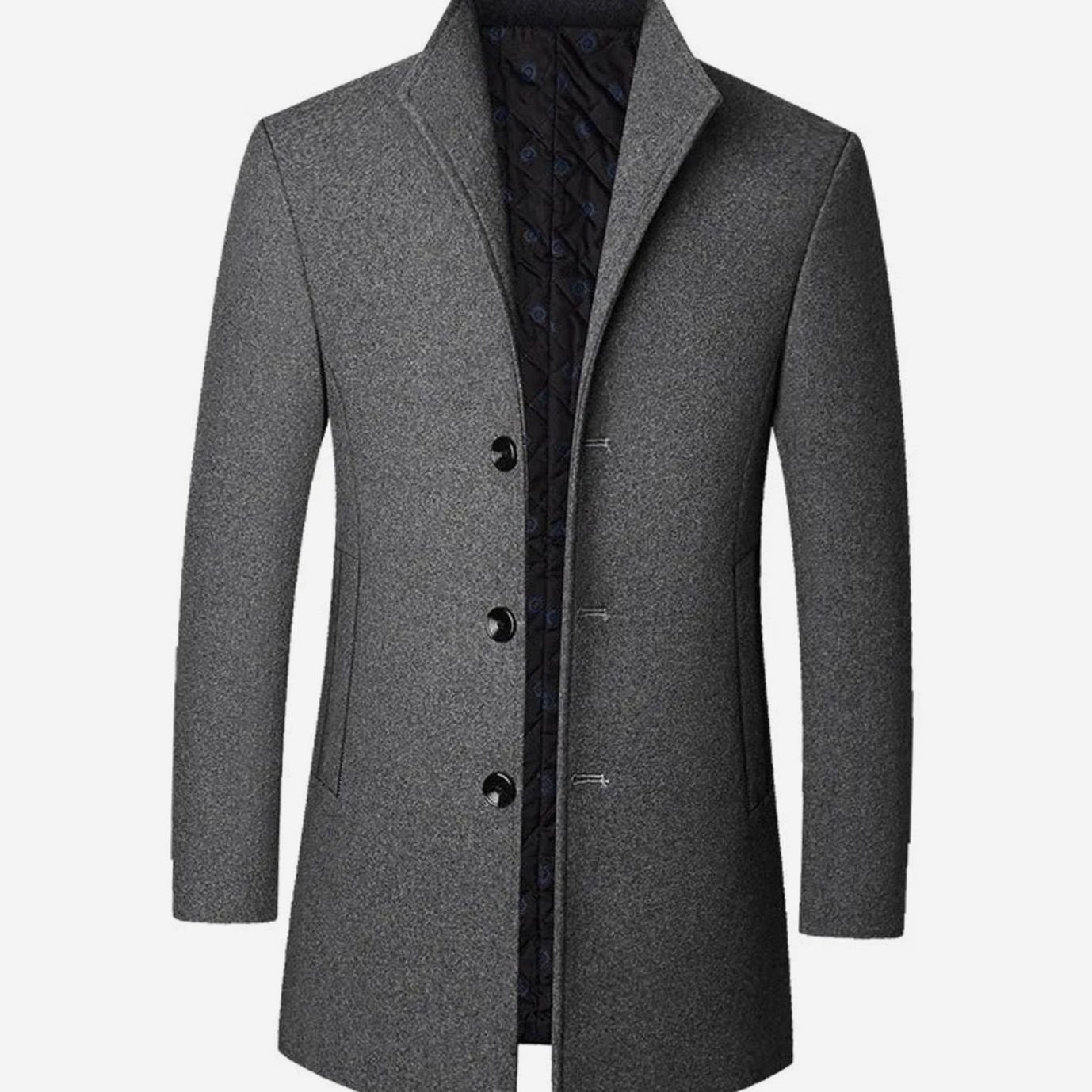 Men's Tailored Single-Breasted Long Overcoat Stand Collar - Grey