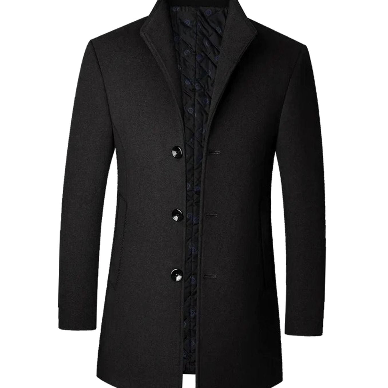 Men's Tailored Single-Breasted Long Overcoat Stand Collar - Black