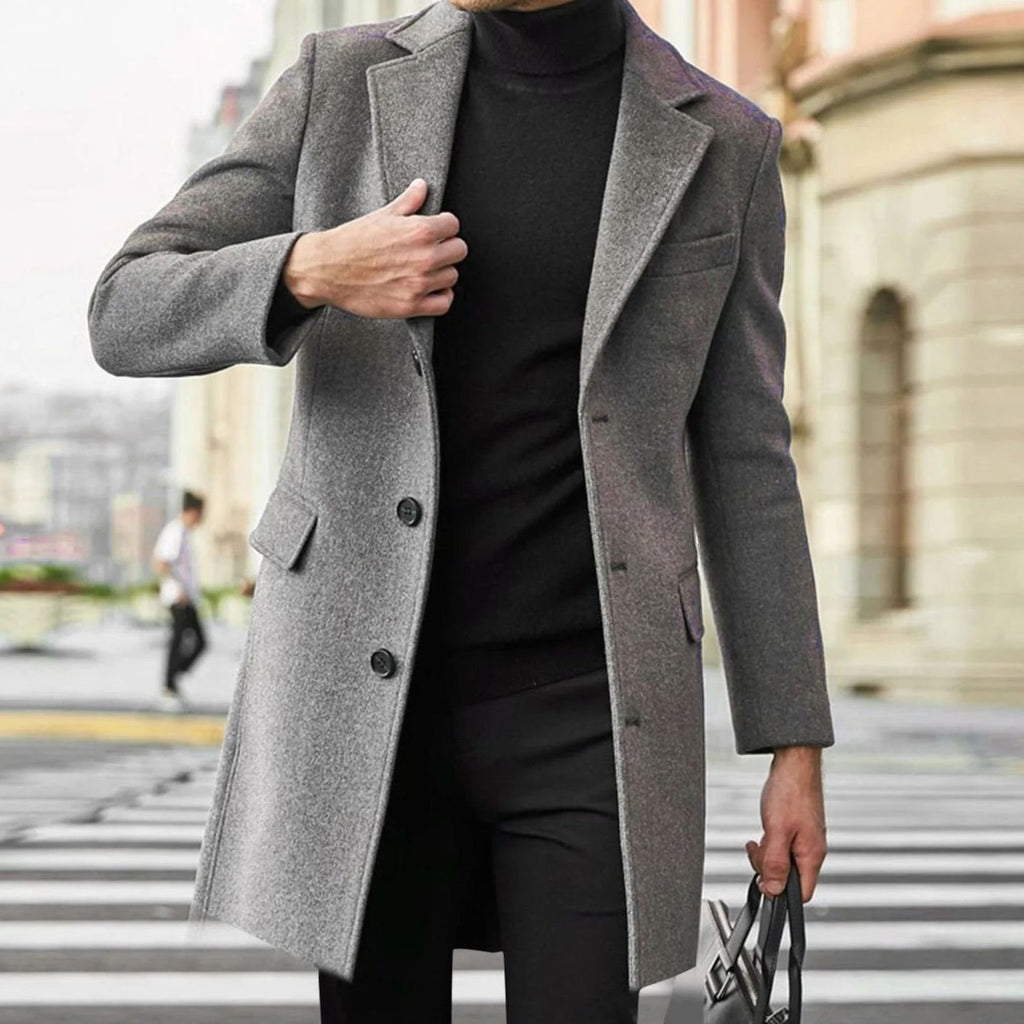 Men's Tailored Single-Breasted Long Winter Coat - Gray