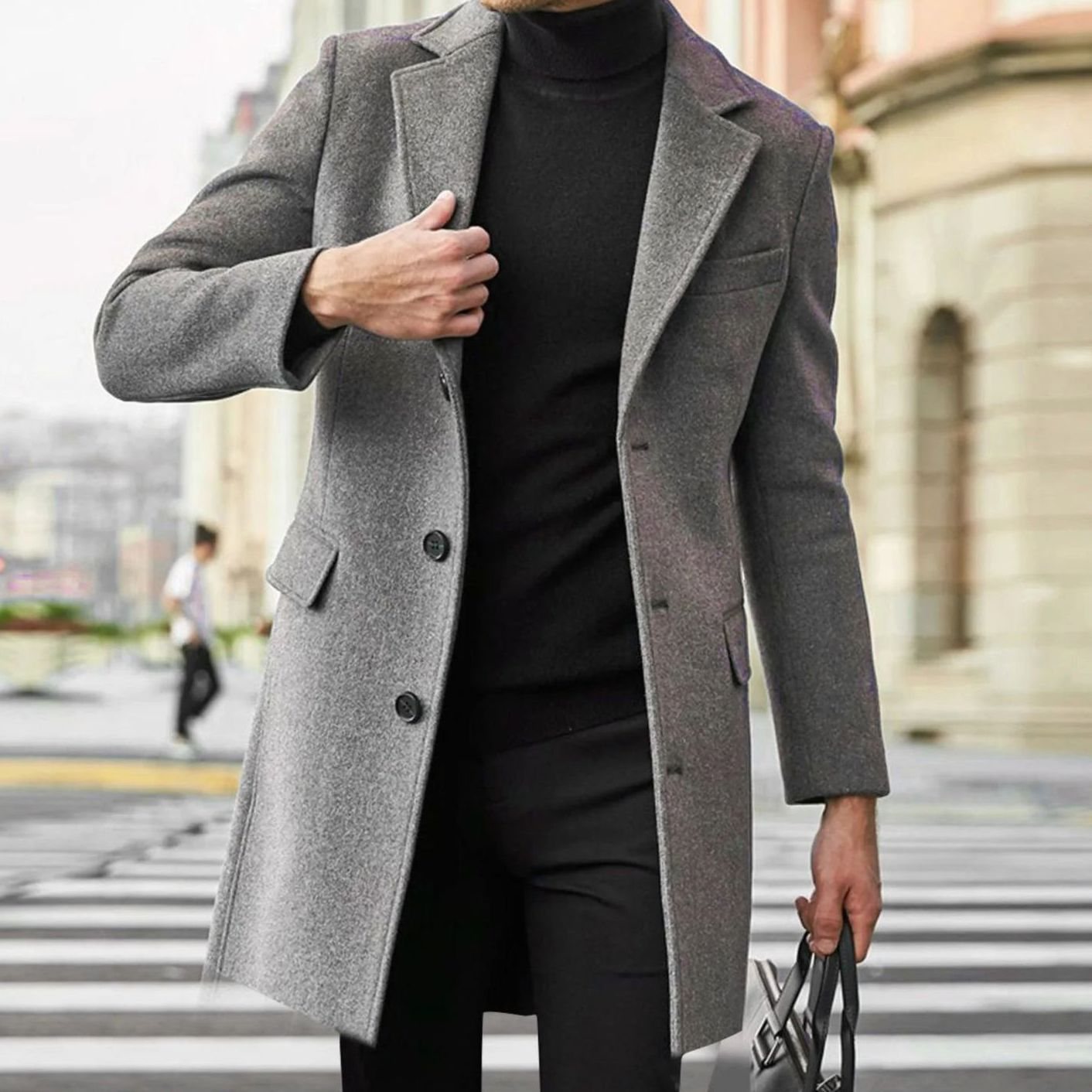 Men's Tailored Single-Breasted Long Winter Coat - Gray
