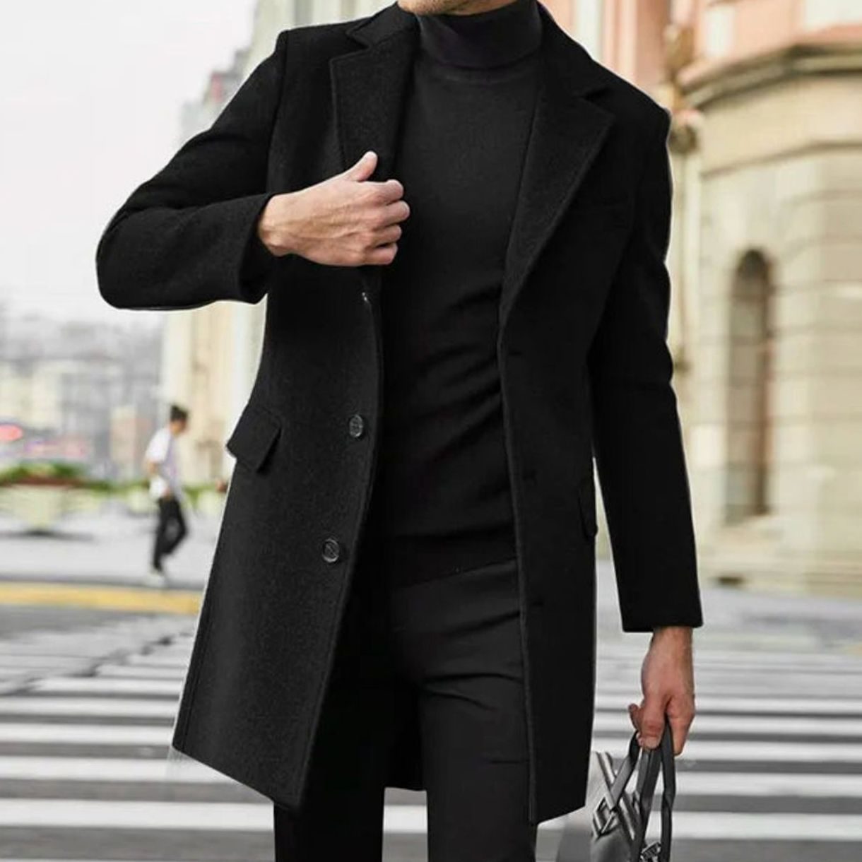 Men's Tailored Single-Breasted Long Winter Coat - Black
