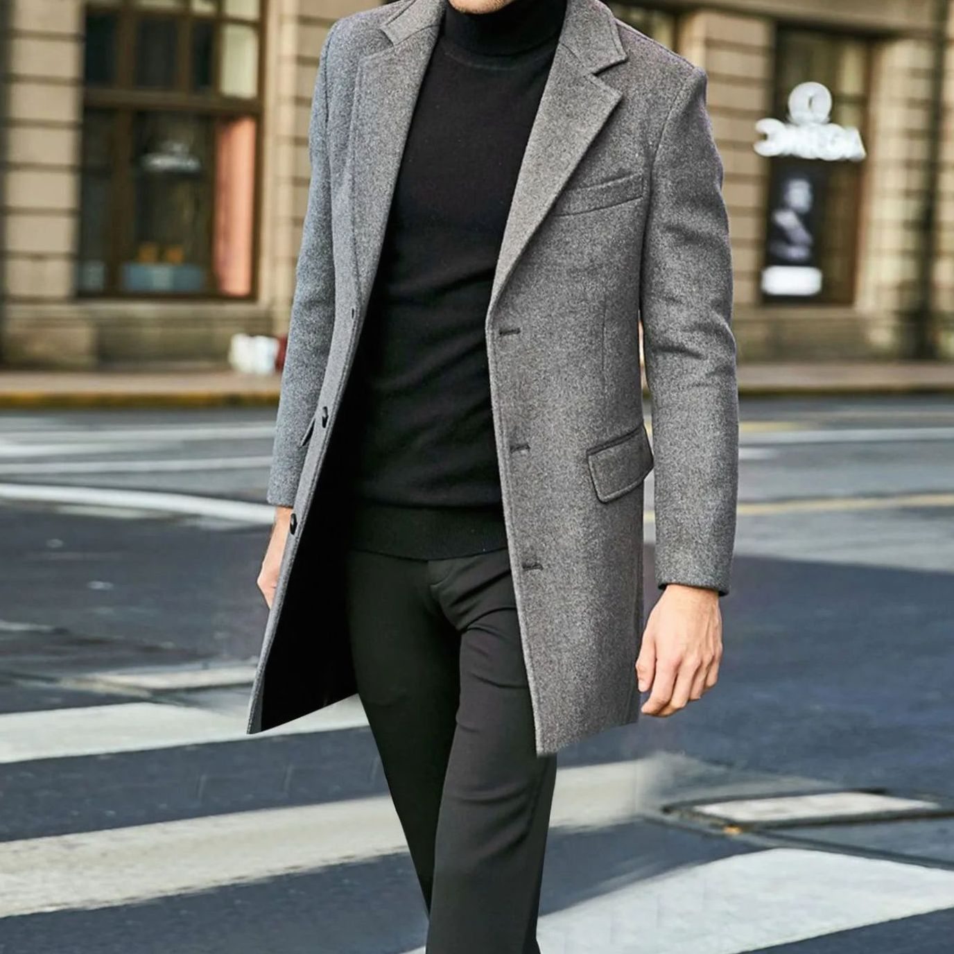 Men's Tailored Single-Breasted Long Winter Coat