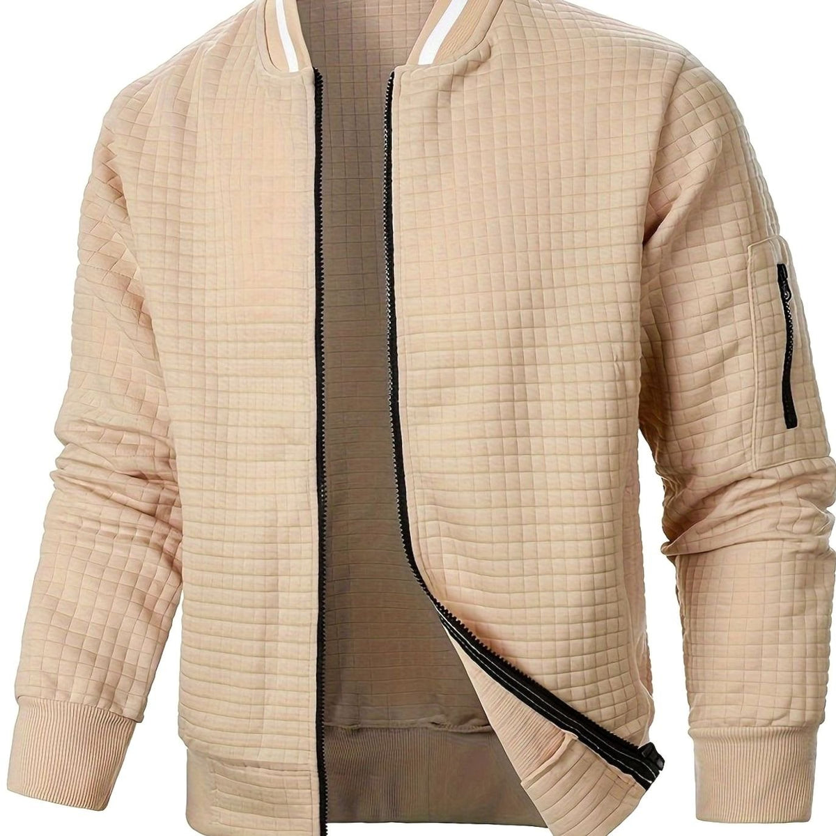 Men's Textured Zip-Up Bomber Jacket Ribbed Trim - Khaki