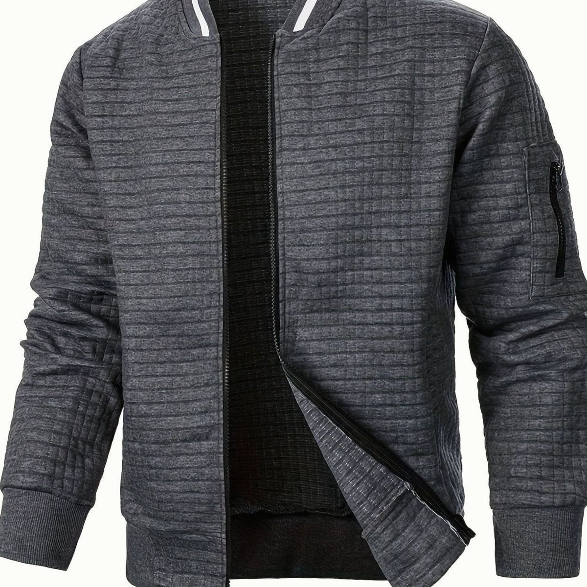 Men's Textured Zip-Up Bomber Jacket Ribbed Trim - Dark Gray