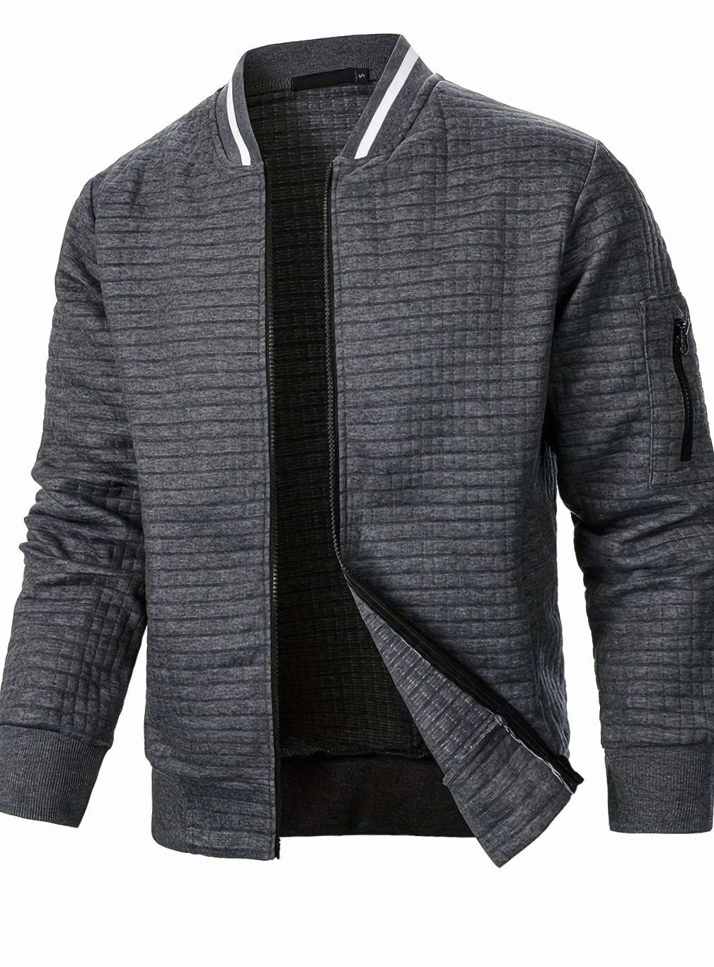 Men's Textured Zip-Up Bomber Jacket Ribbed Trim