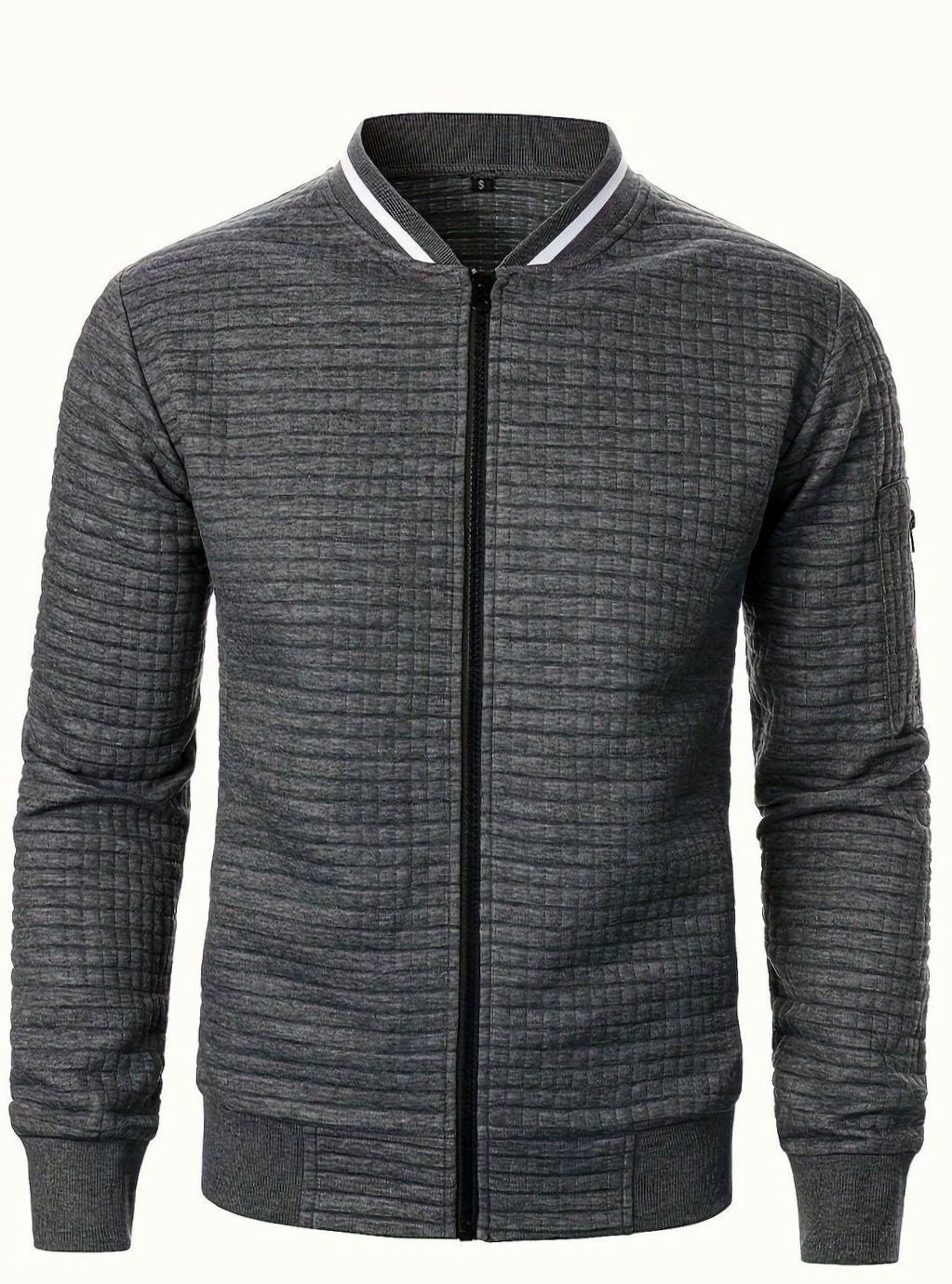 Men's Textured Zip-Up Bomber Jacket Ribbed Trim