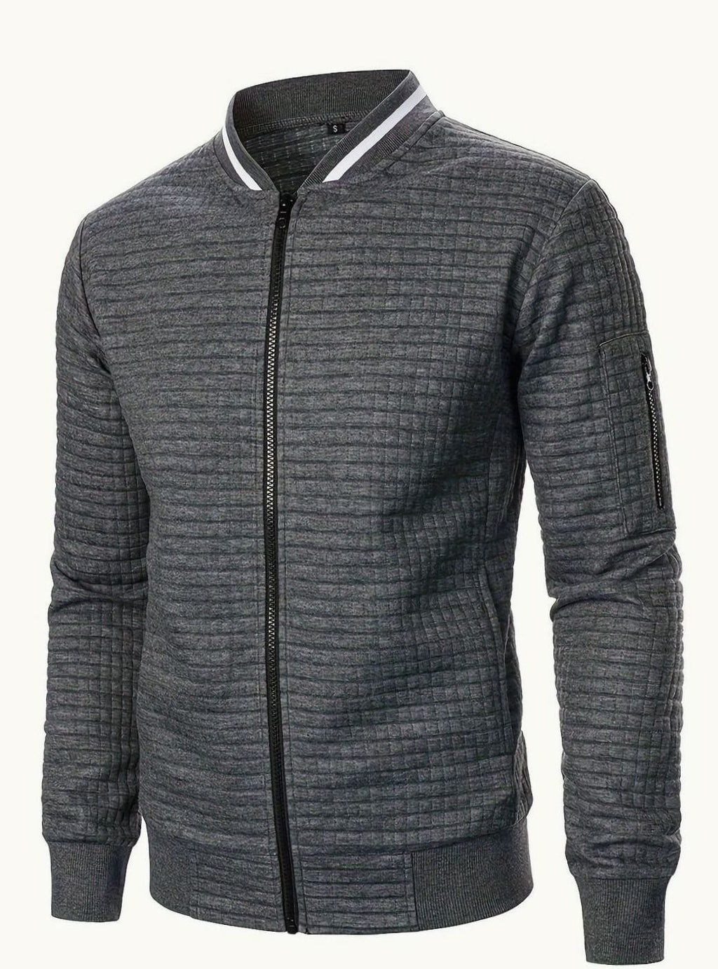 Men's Textured Zip-Up Bomber Jacket Ribbed Trim