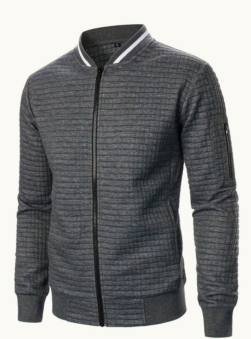 Men's Textured Zip-Up Bomber Jacket Ribbed Trim