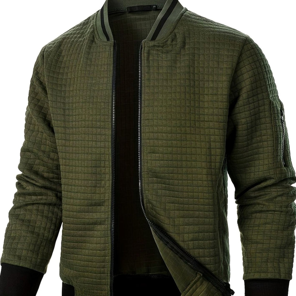 Men's Textured Zip-Up Bomber Jacket Ribbed Trim - Military Green