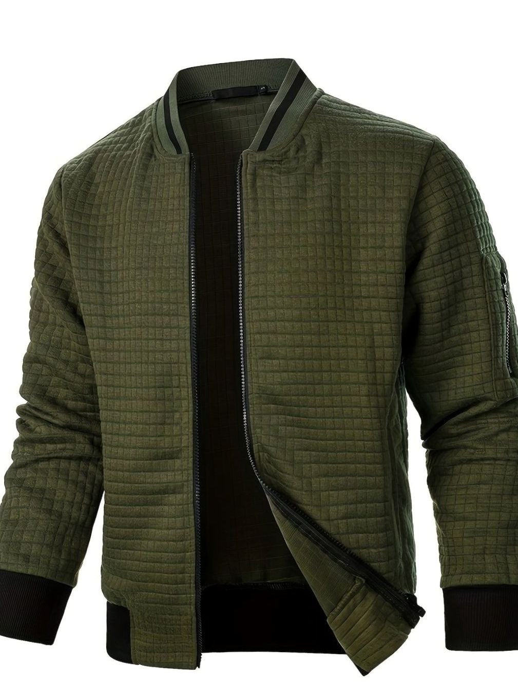 Men's Textured Zip-Up Bomber Jacket Ribbed Trim