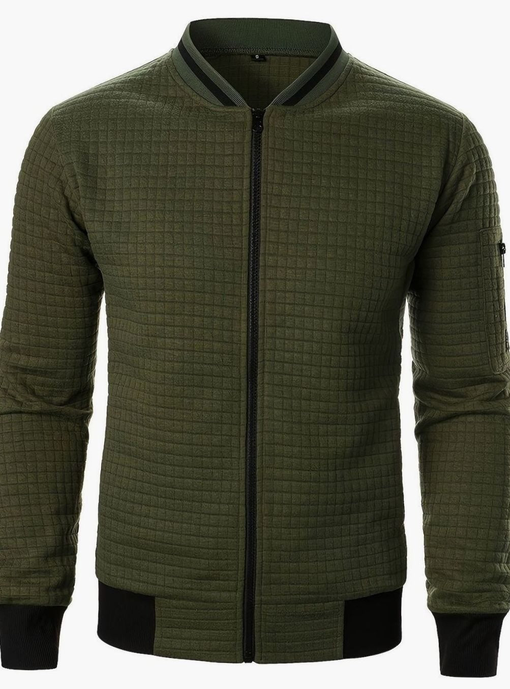 Men's Textured Zip-Up Bomber Jacket Ribbed Trim