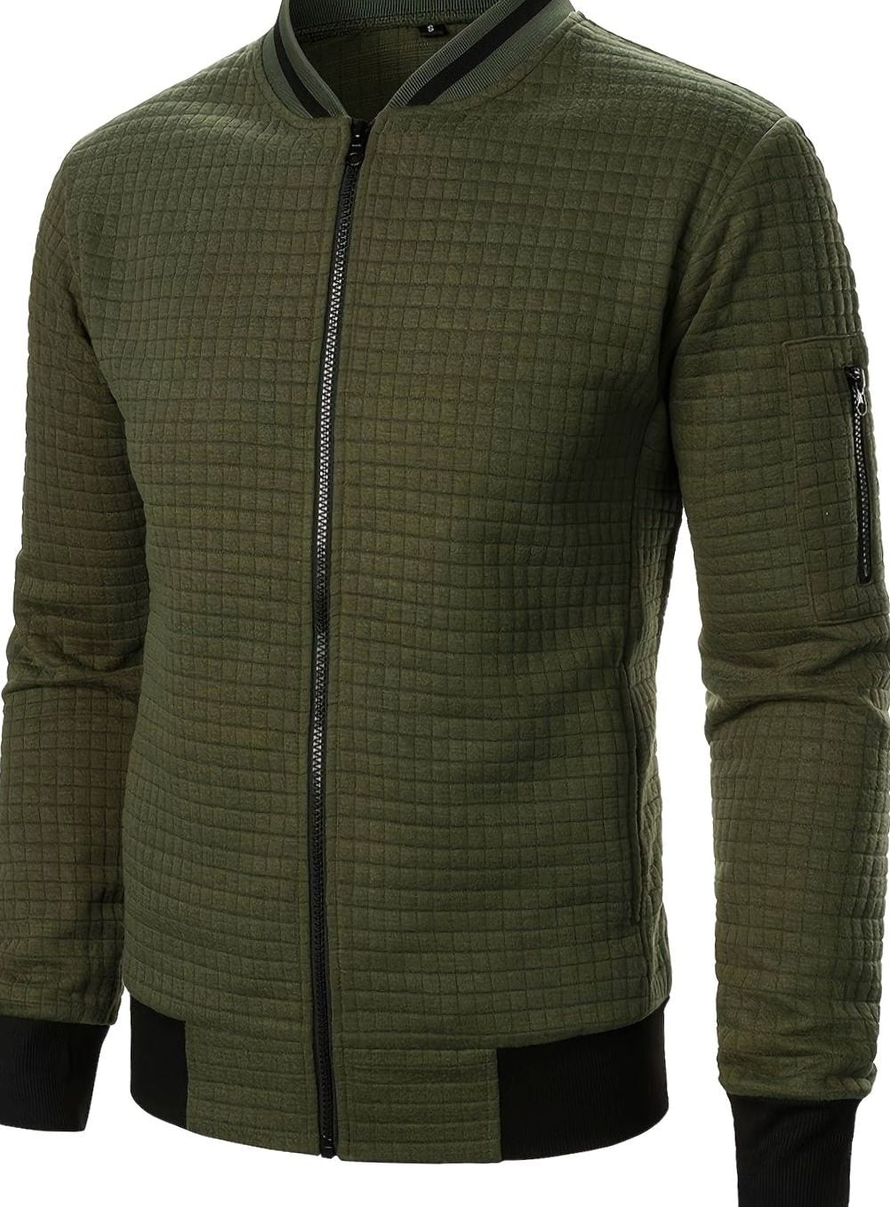 Men's Textured Zip-Up Bomber Jacket Ribbed Trim