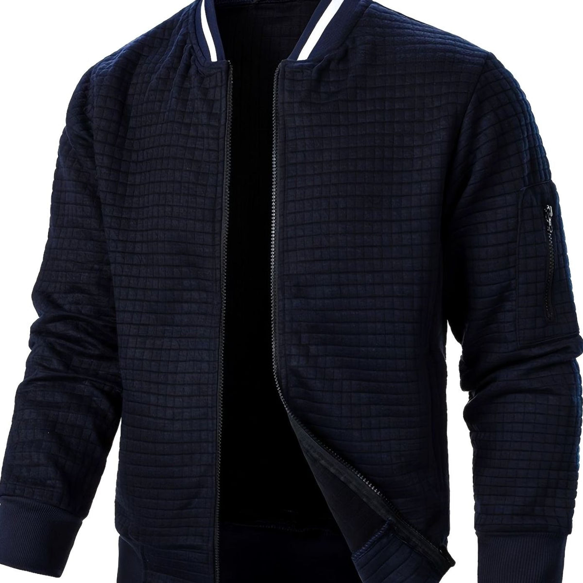 Men's Textured Zip-Up Bomber Jacket Ribbed Trim - Navy