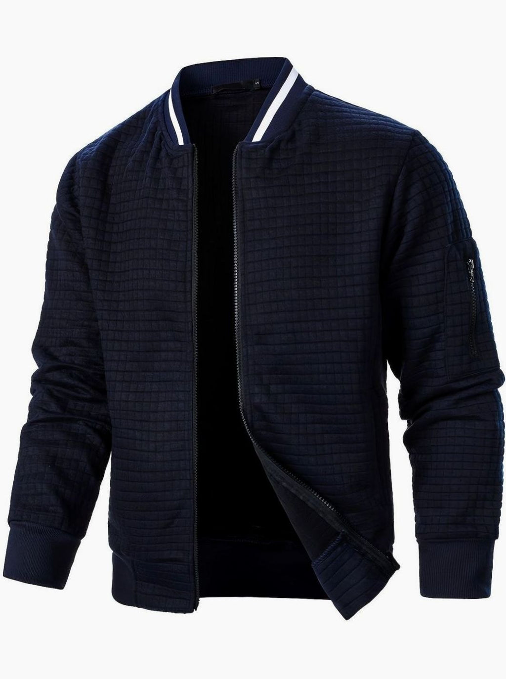 Men's Textured Zip-Up Bomber Jacket Ribbed Trim