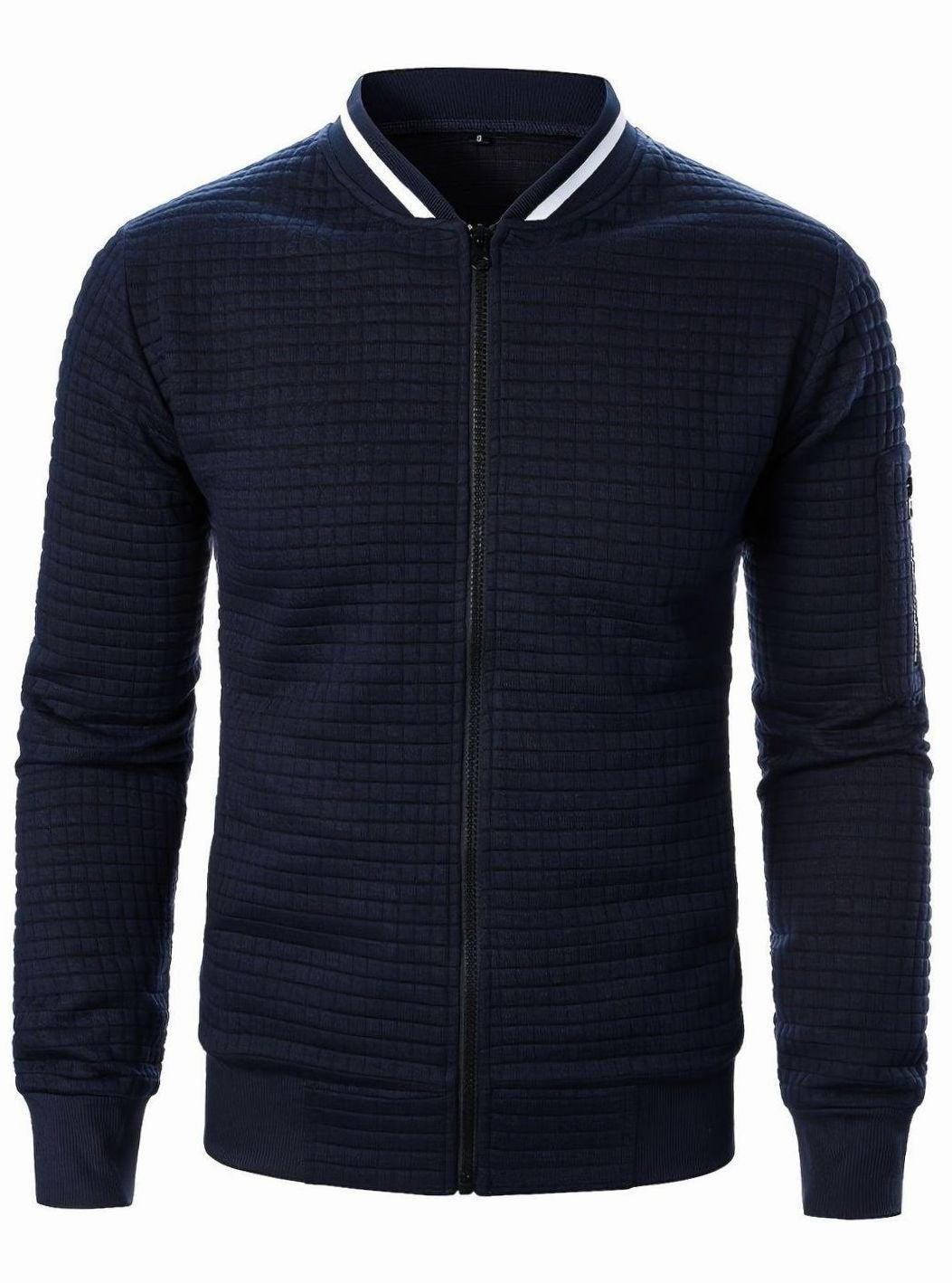 Men's Textured Zip-Up Bomber Jacket Ribbed Trim