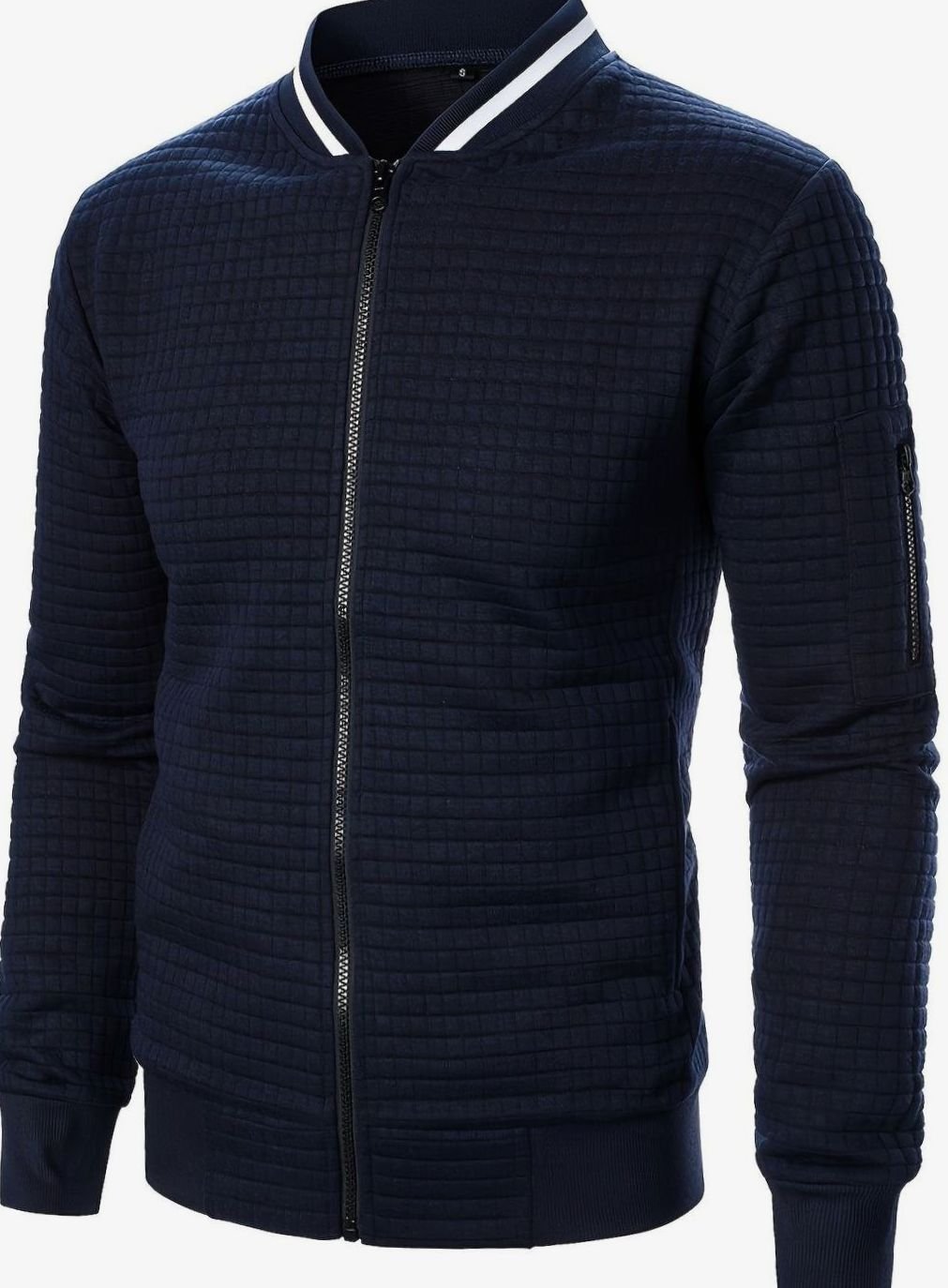Men's Textured Zip-Up Bomber Jacket Ribbed Trim