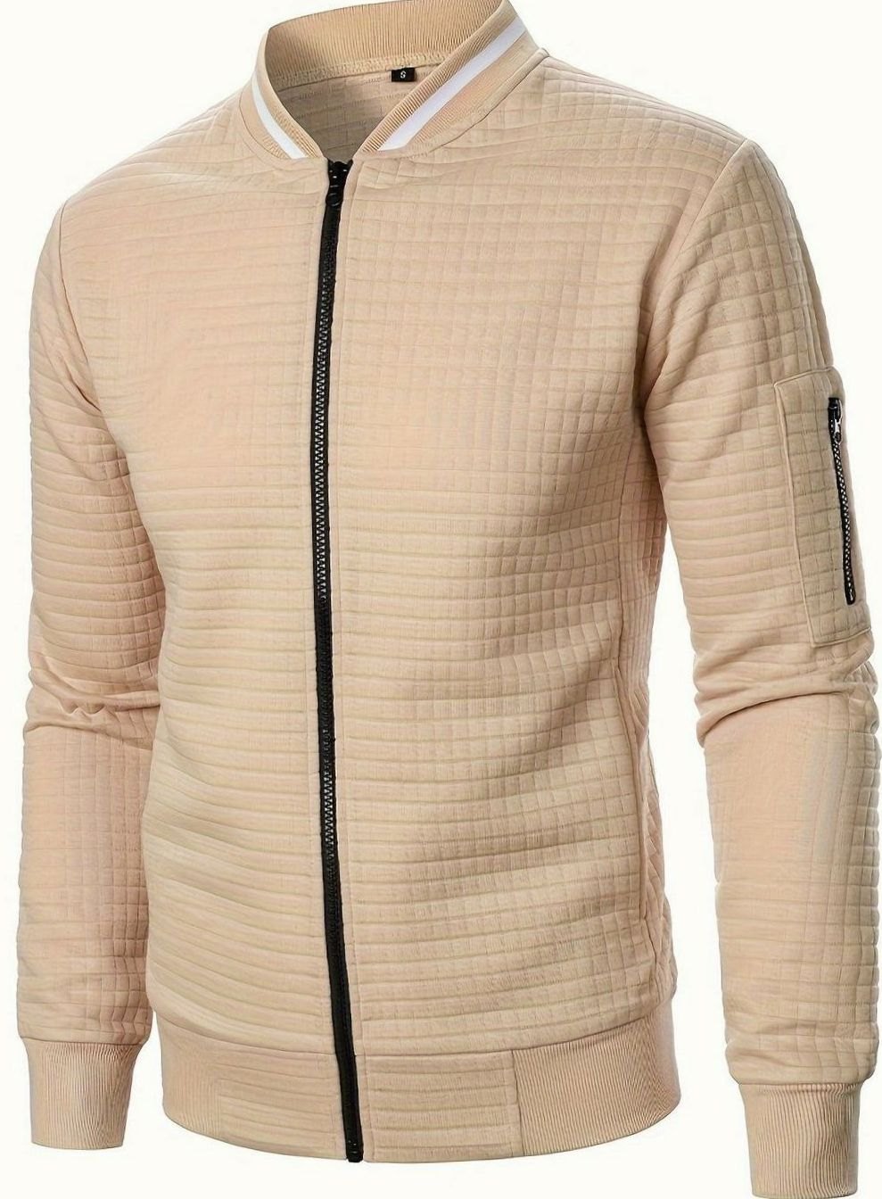 Men's Textured Zip-Up Bomber Jacket Ribbed Trim