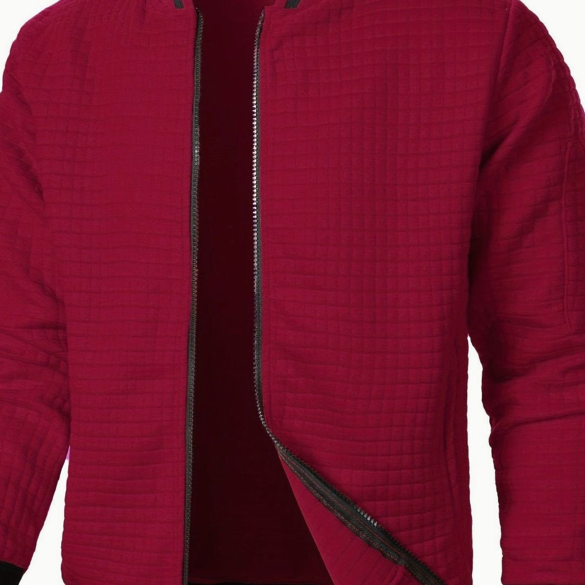 Men's Textured Zip-Up Bomber Jacket Ribbed Trim - Burgundy