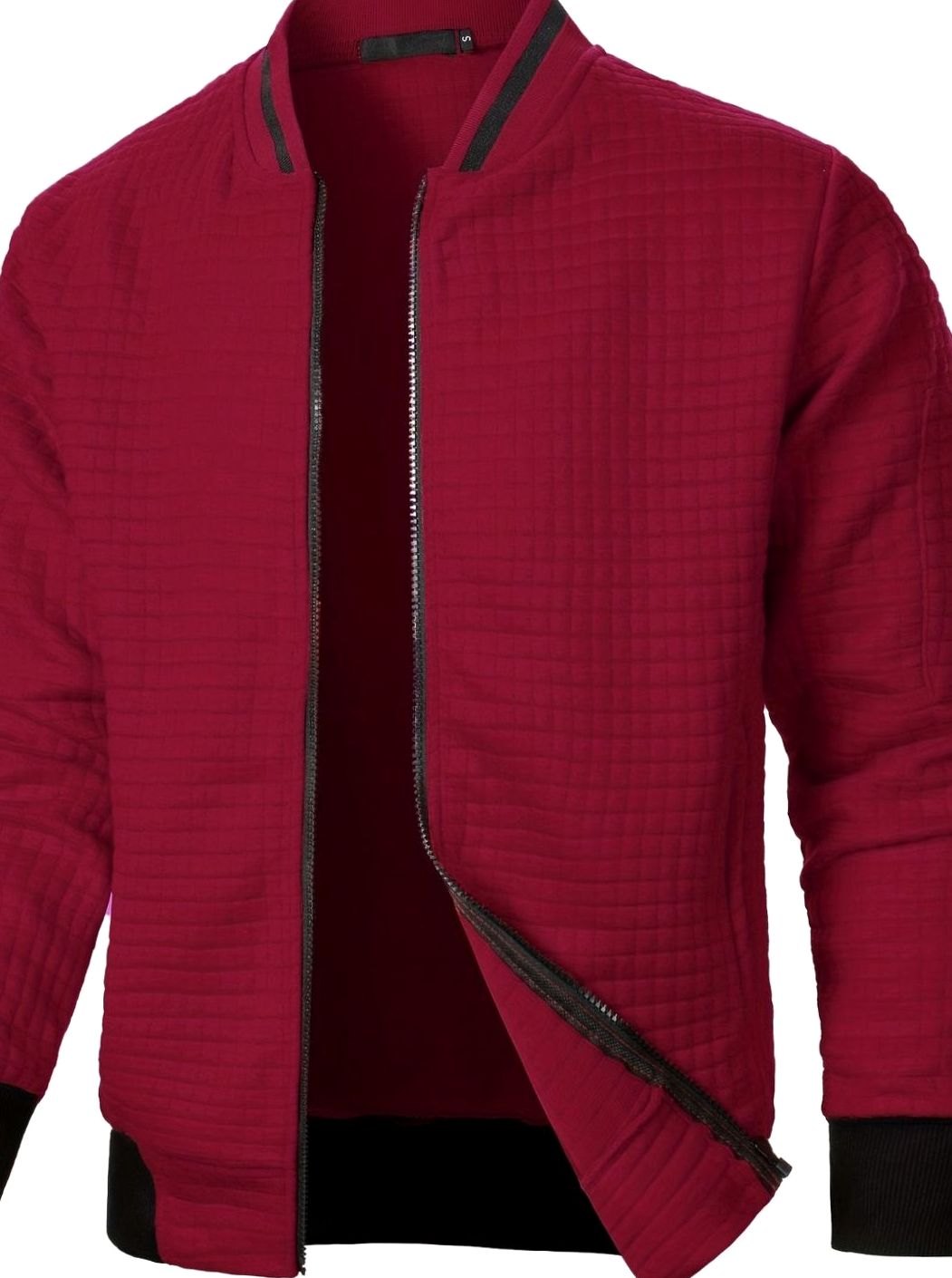 Men's Textured Zip-Up Bomber Jacket Ribbed Trim