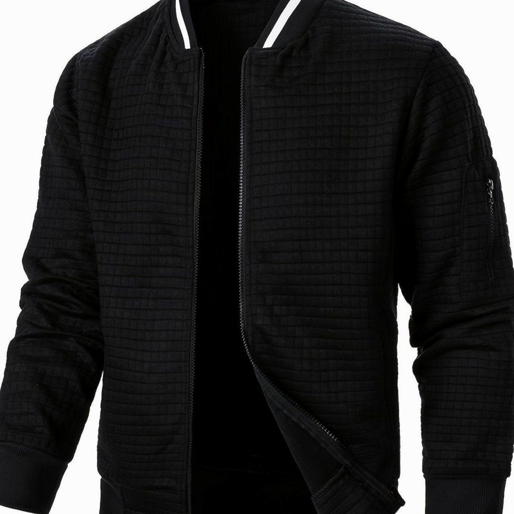 Men's Textured Zip-Up Bomber Jacket Ribbed Trim - Black