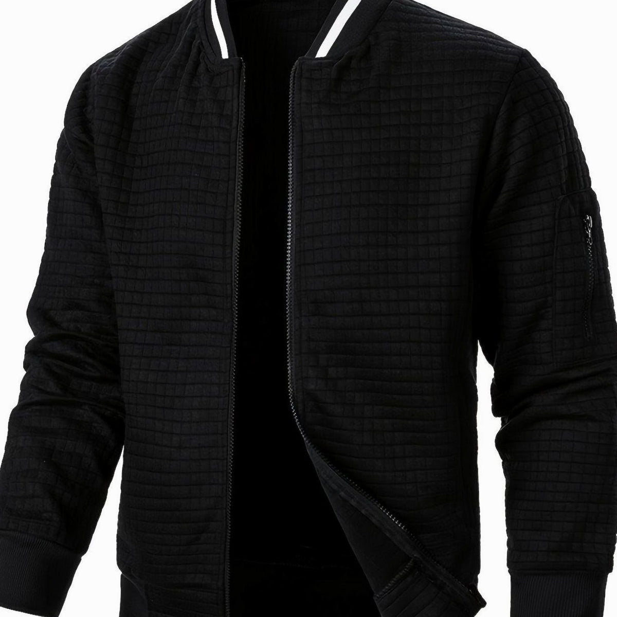 Men's Textured Zip-Up Bomber Jacket Ribbed Trim - Black