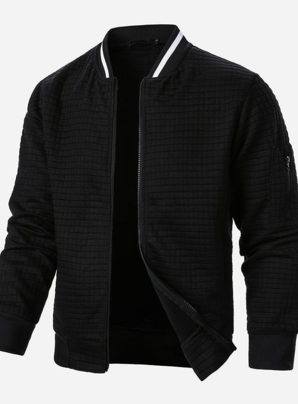 Men's Textured Zip-Up Bomber Jacket Ribbed Trim